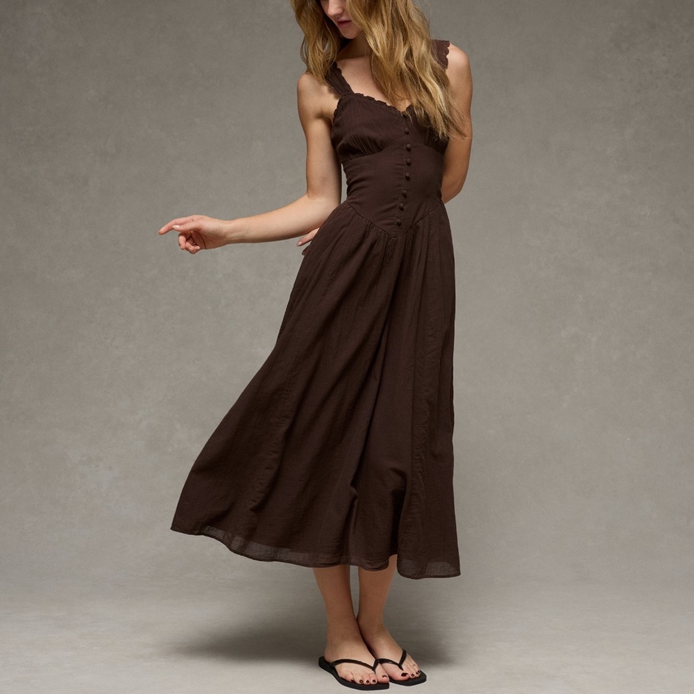 American Eagle Brown Midi Button-Front Corset Sun… - image 1